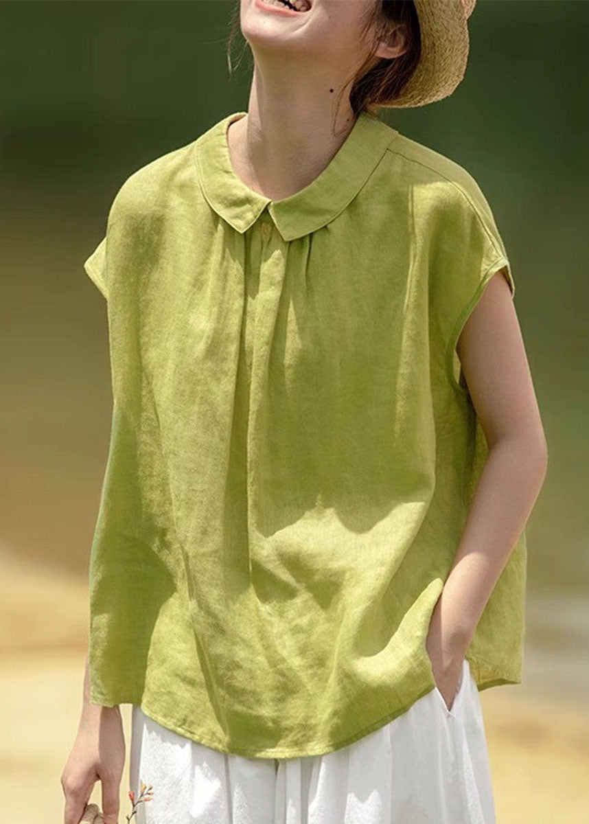 Women Pink Peter Pan Collar Button Solid Cotton Shirt Summer
