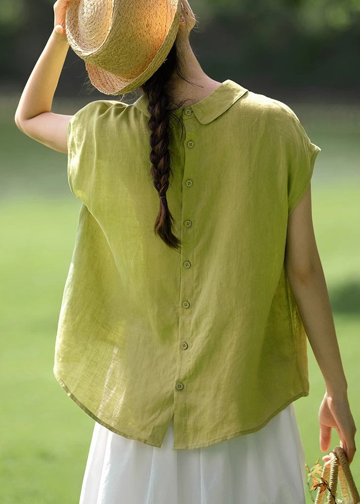 Women Pink Peter Pan Collar Button Solid Cotton Shirt Summer