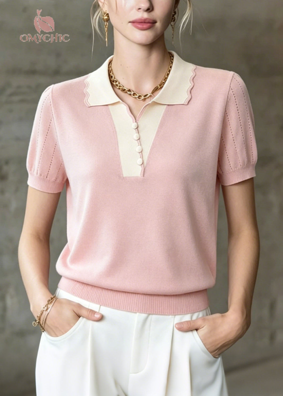 Women Pink Peter Pan Collar Patchwork Ice Silk Knit Tops Summer