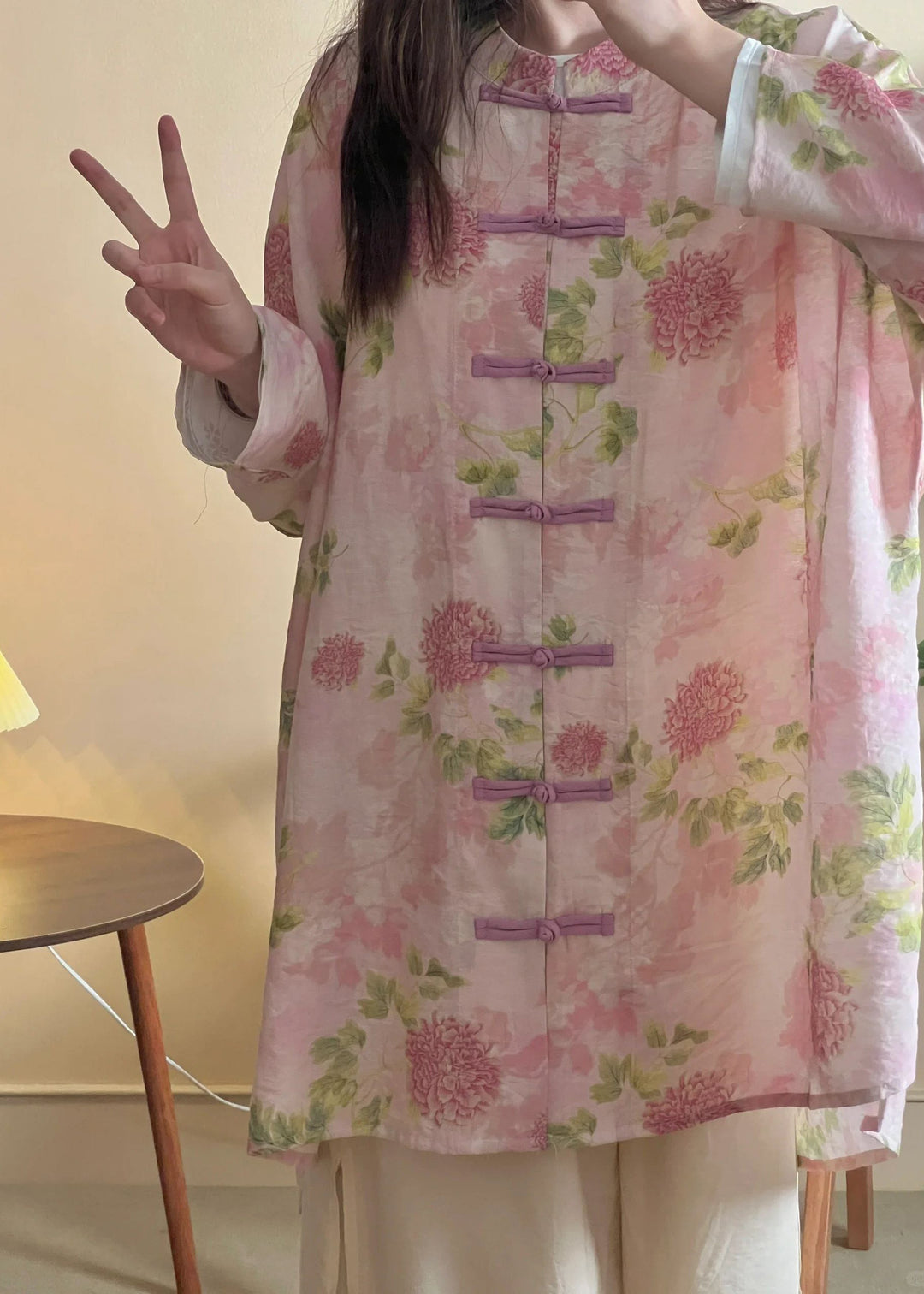 Women Pink Print Chinese Button Cotton Shirts Long Sleeve