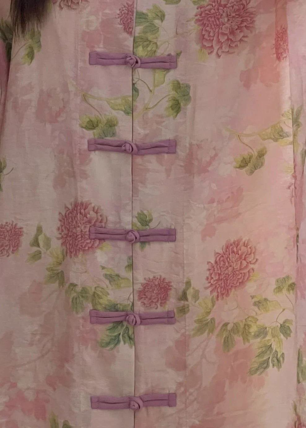 Women Pink Print Chinese Button Cotton Shirts Long Sleeve