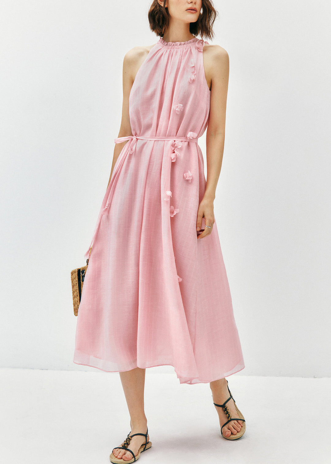 Women Pink Ruffled Floral Cotton Long Dress Sleeveless