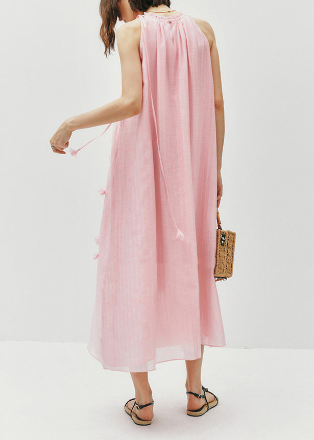 Women Pink Ruffled Floral Cotton Long Dress Sleeveless