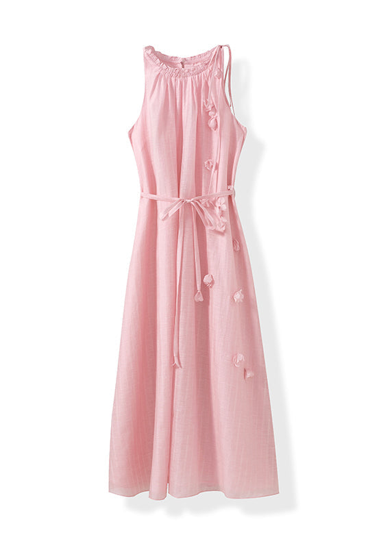 Women Pink Ruffled Floral Cotton Long Dress Sleeveless