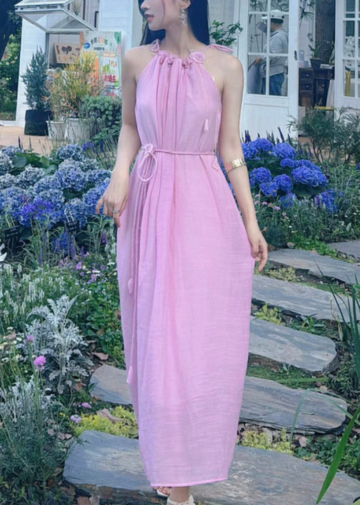 Women Pink Ruffled Lace Up Cotton Long Dress Sleeveless
