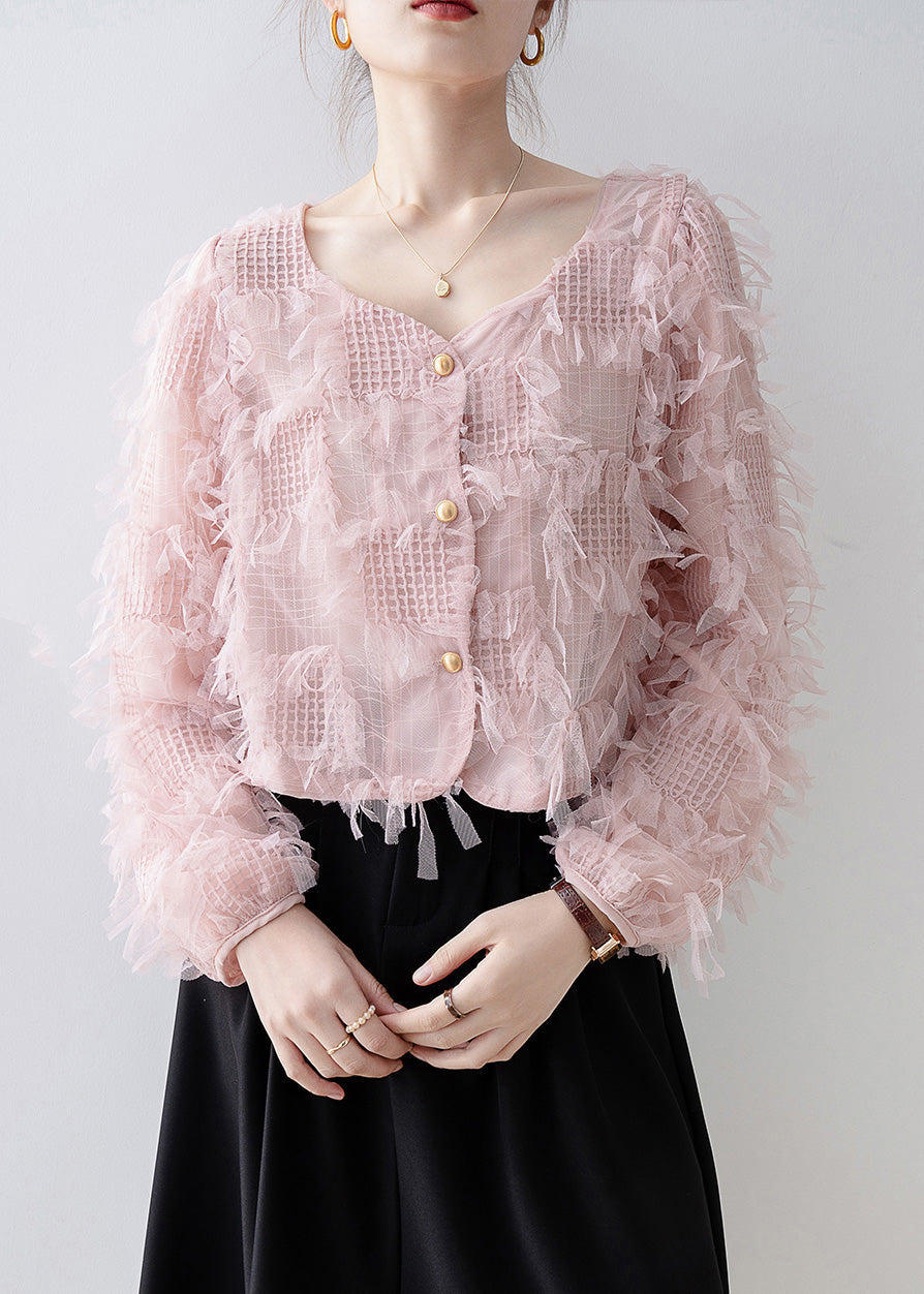 Women Pink Square Collar Tassel Patchwork Tulle Top Spring