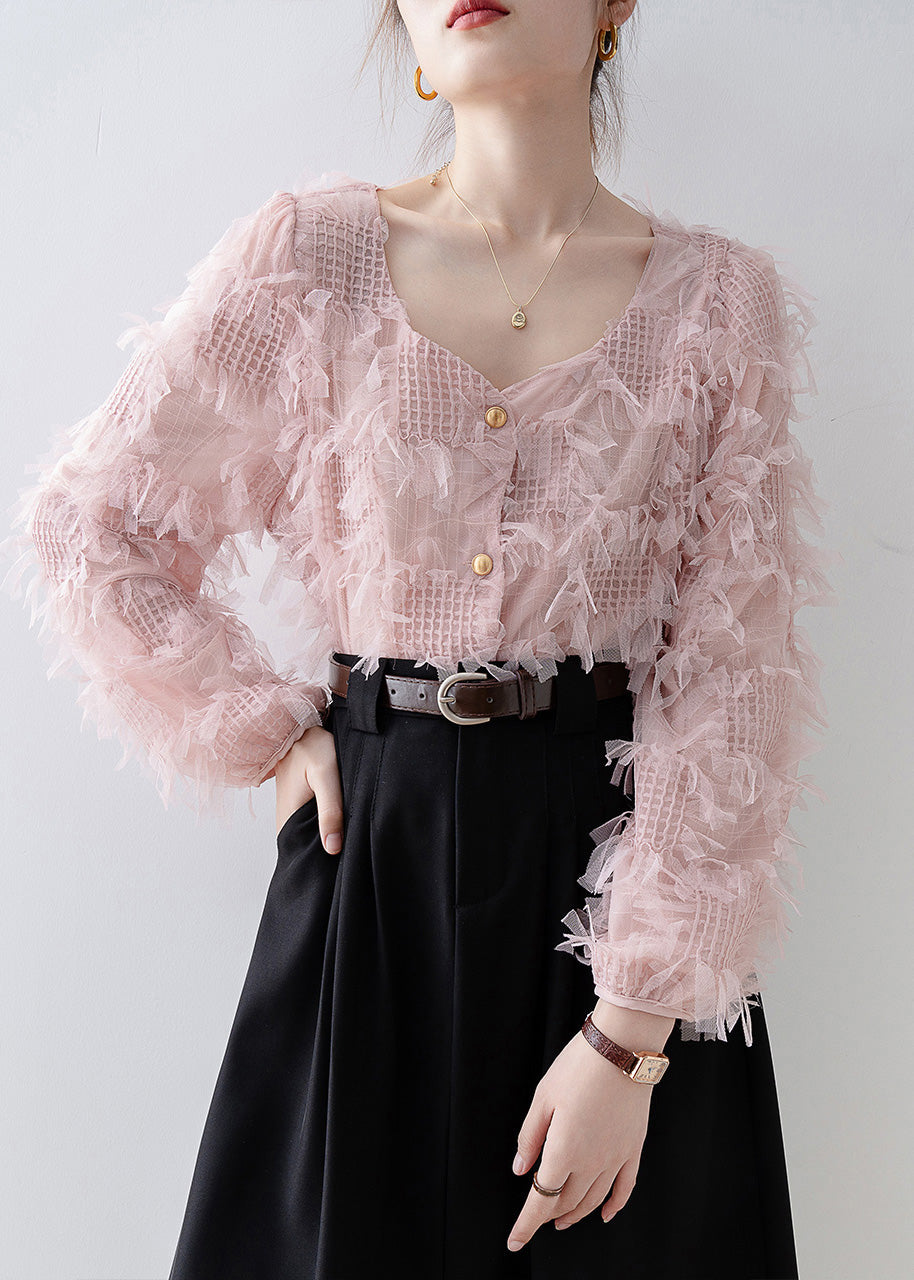 Women Pink Square Collar Tassel Patchwork Tulle Top Spring