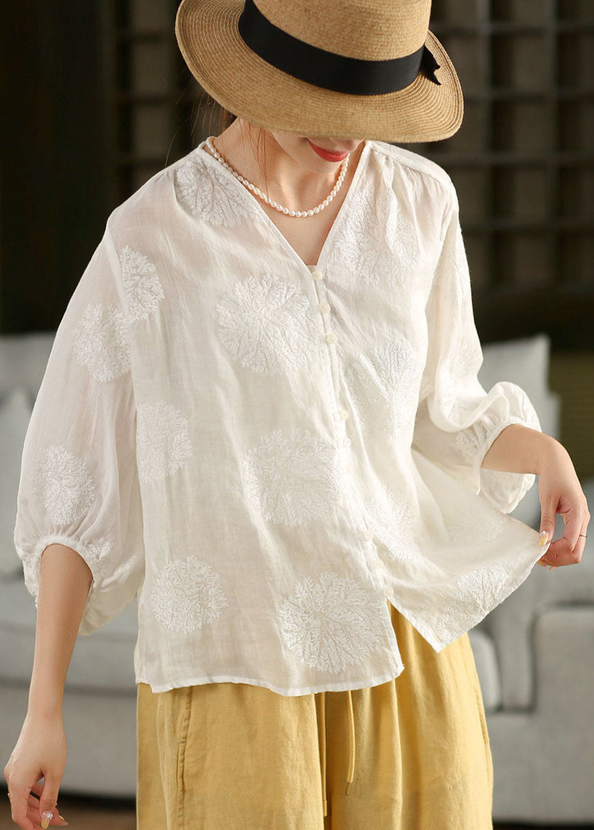 Women Pink V Neck Embroidered Linen Shirt Top Lantern Sleeve