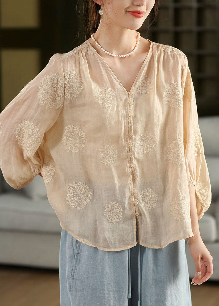 Women Pink V Neck Embroidered Linen Shirt Top Lantern Sleeve
