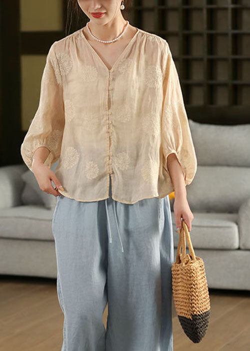 Women Pink V Neck Embroidered Linen Shirt Top Lantern Sleeve