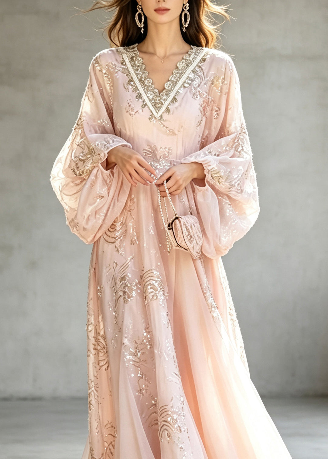 Women Pink V Neck Embroidered Patchwork Silk Maxi Dress Lantern Sleeve