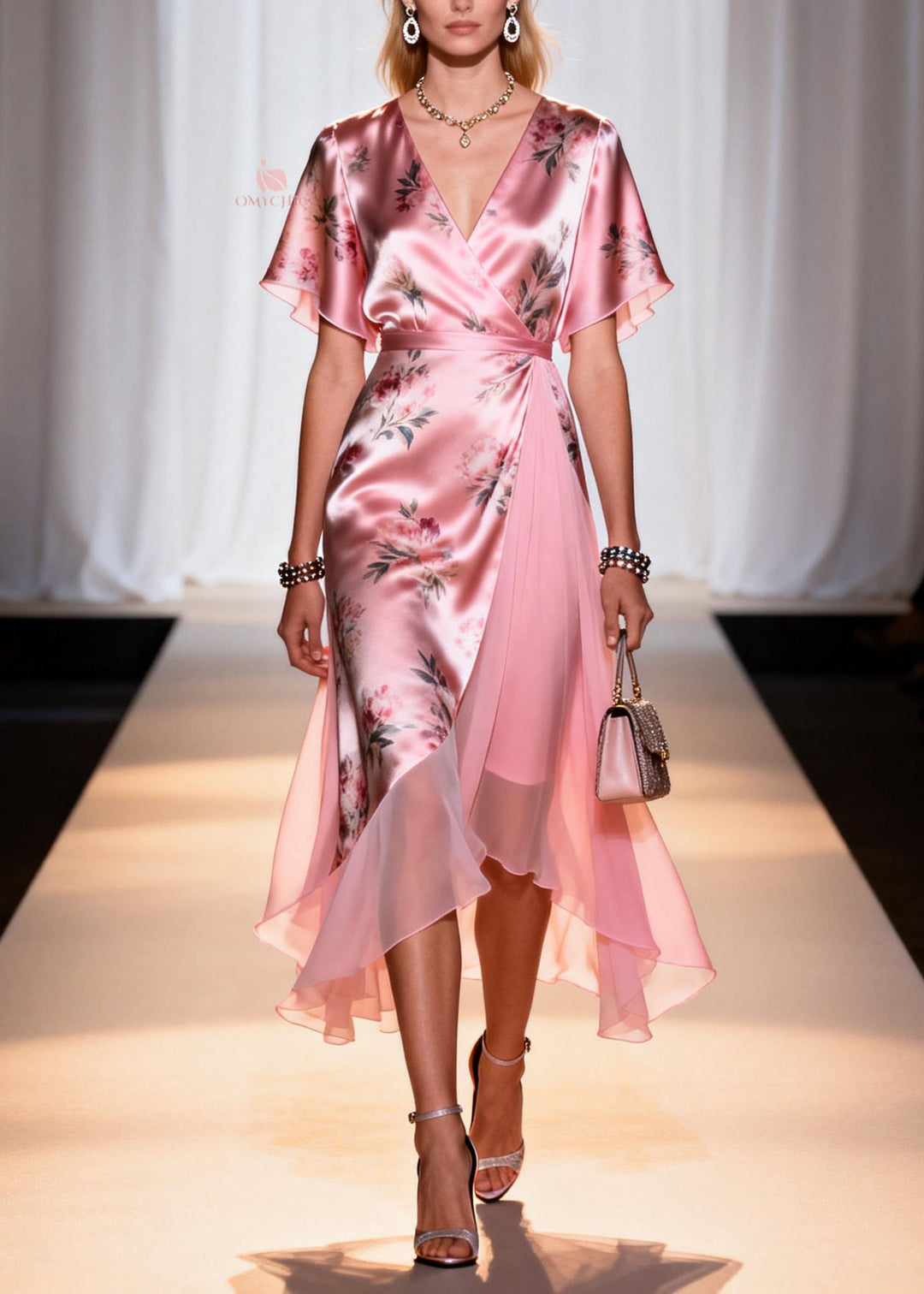 Women Pink V Neck Print Patchwork Silk Dresses Summer