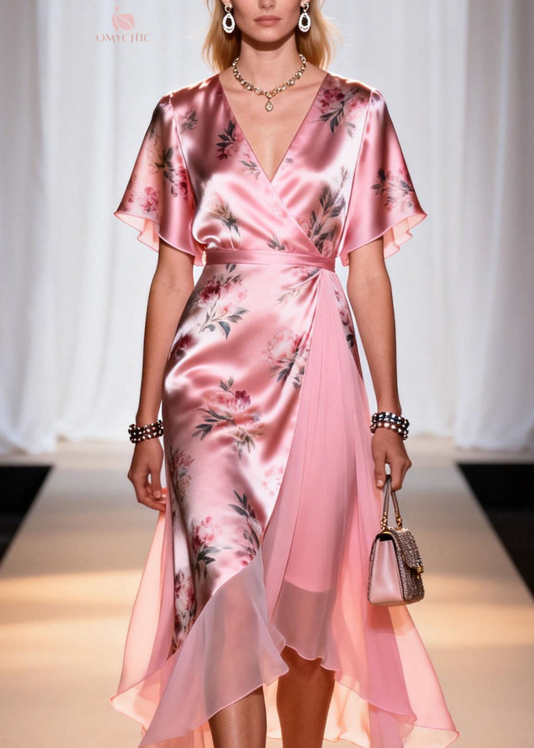 Women Pink V Neck Print Patchwork Silk Dresses Summer
