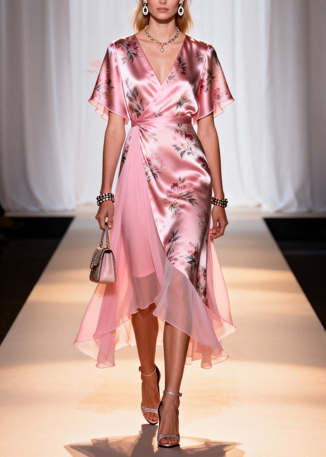 Women Pink V Neck Print Patchwork Silk Dresses Summer