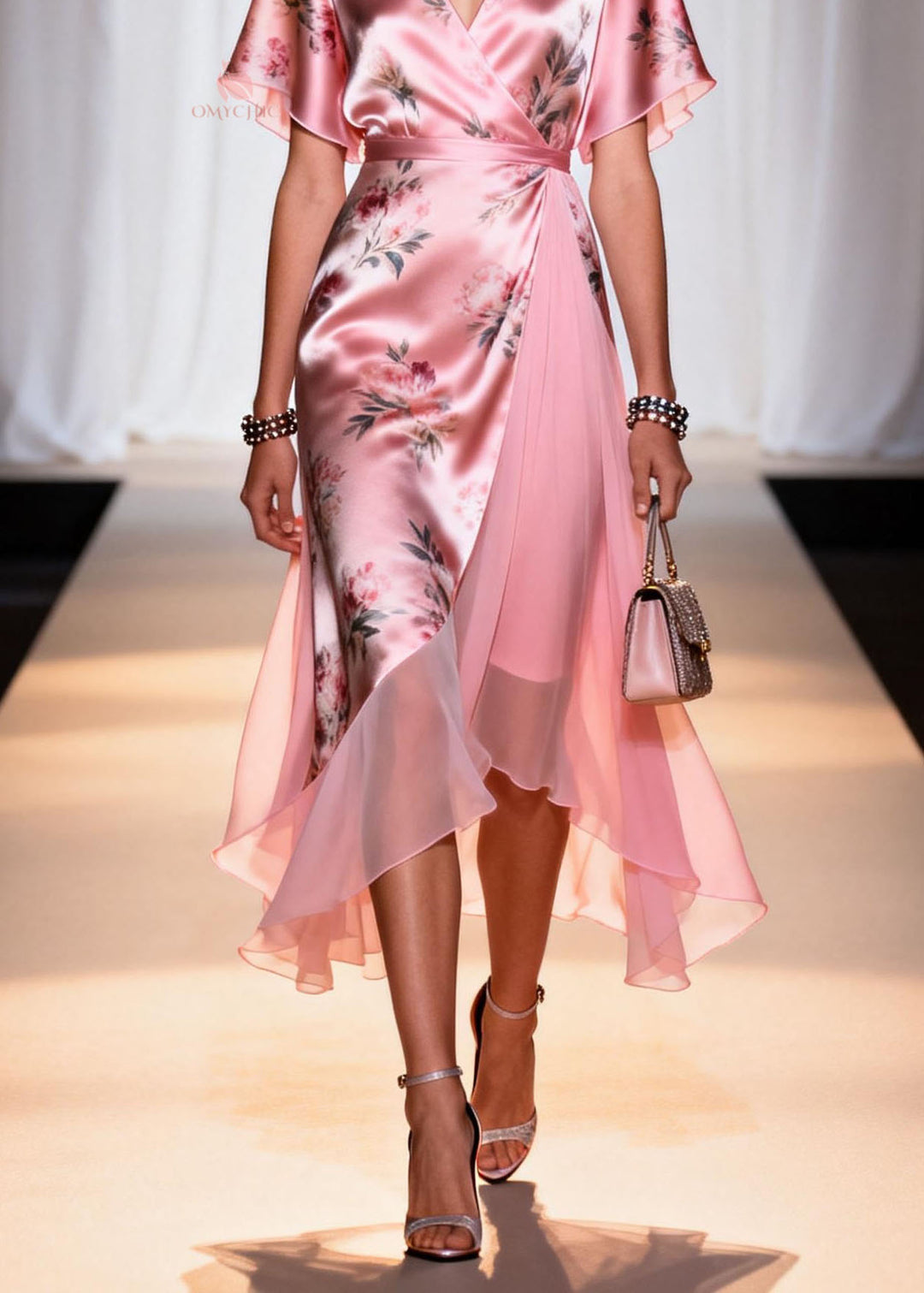 Women Pink V Neck Print Patchwork Silk Dresses Summer