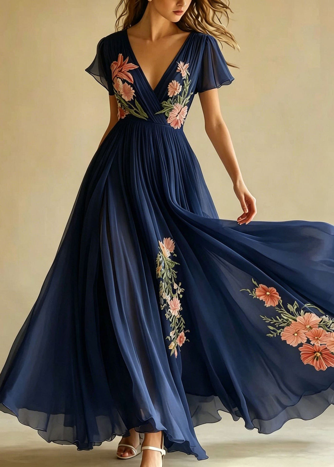 Women Pink V Neck Print Wrinkled Chiffon Long Dresses Summer