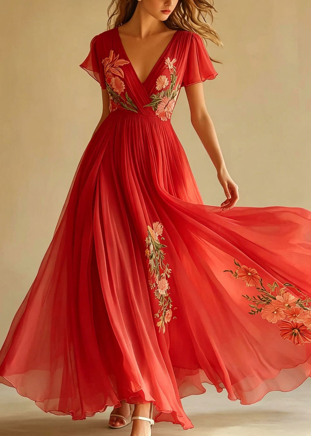 Women Pink V Neck Print Wrinkled Chiffon Long Dresses Summer