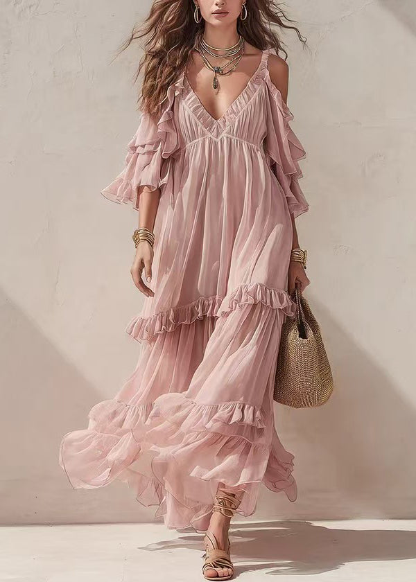 Women Pink V Neck Ruffled Cold Shoulder Long Dress Summer