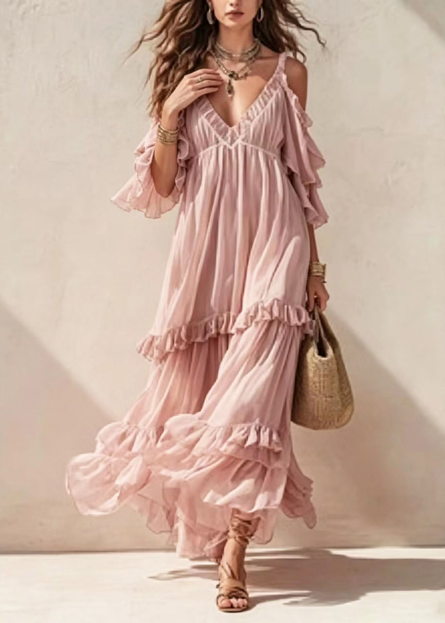 Women Pink V Neck Ruffled Cold Shoulder Long Dress Summer