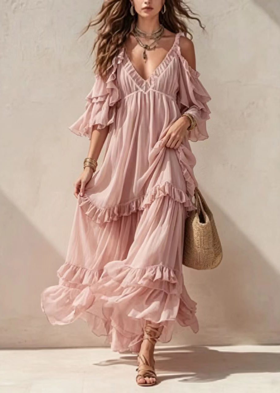 Women Pink V Neck Ruffled Cold Shoulder Long Dress Summer