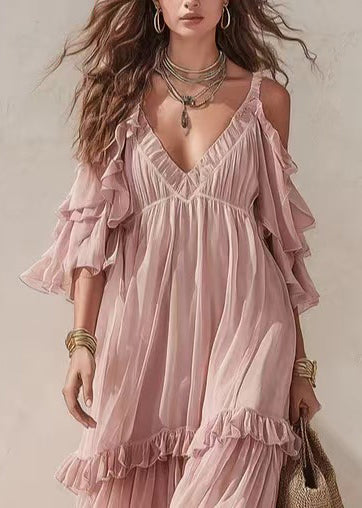 Women Pink V Neck Ruffled Cold Shoulder Long Dress Summer