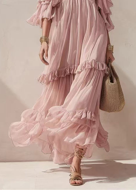 Women Pink V Neck Ruffled Cold Shoulder Long Dress Summer