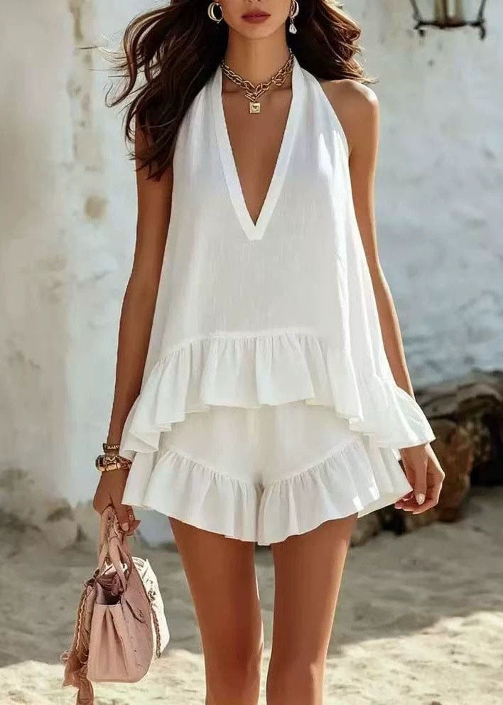 Women Pink V Neck Ruffled Patchwork Cotton Two Piece Set Sleeveless