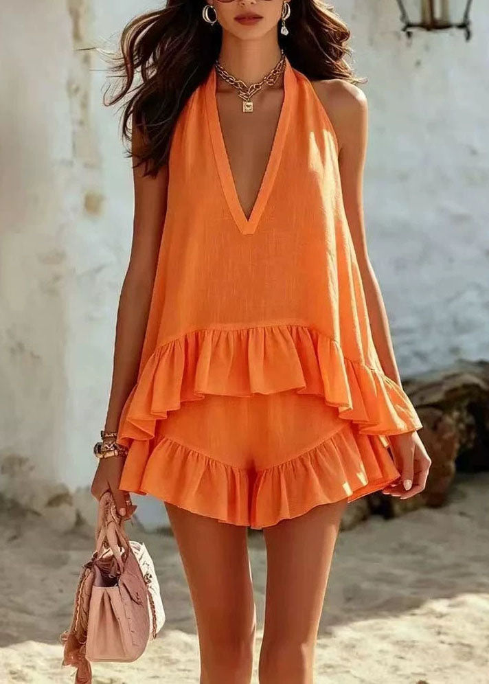 Women Pink V Neck Ruffled Patchwork Cotton Two Piece Set Sleeveless
