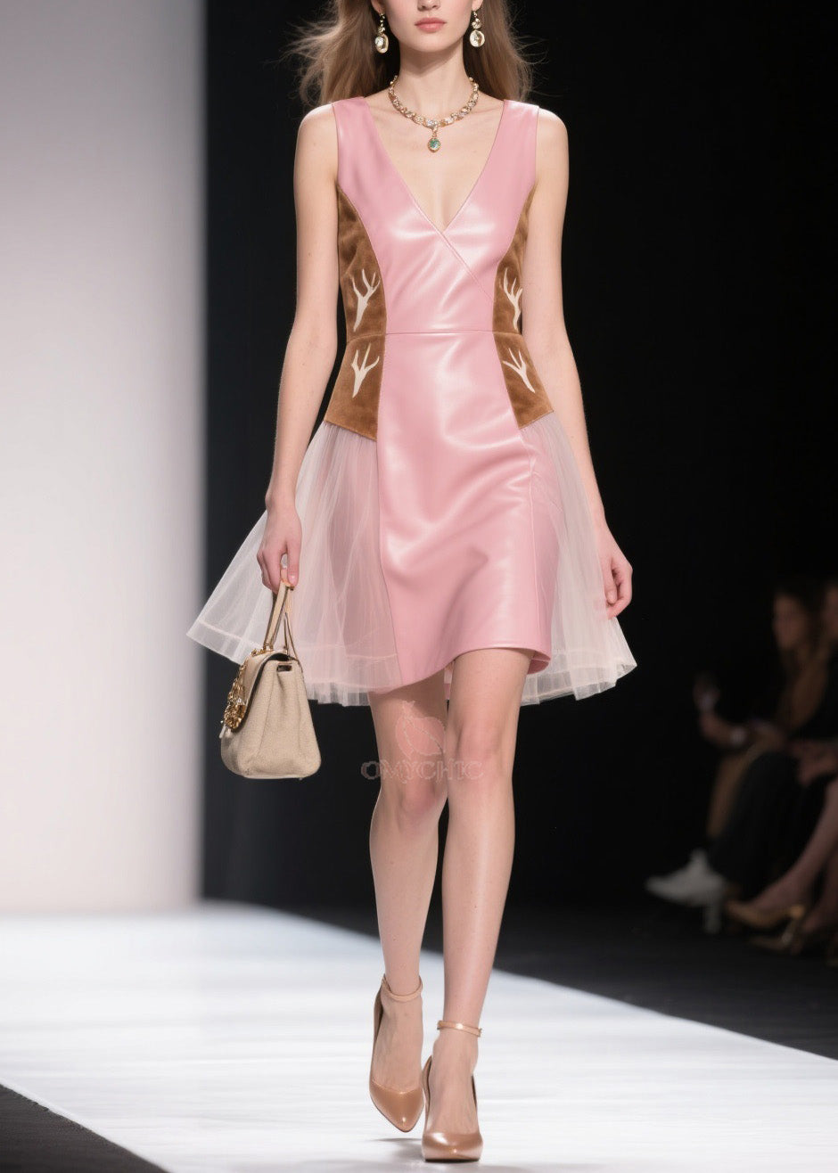 Women Pink V Neck Tulle Patchwork Faux Leather Dresses Summer