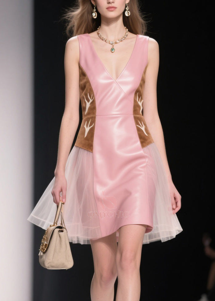 Women Pink V Neck Tulle Patchwork Faux Leather Dresses Summer