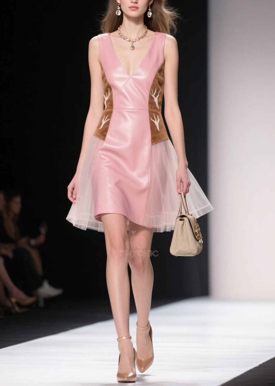 Women Pink V Neck Tulle Patchwork Faux Leather Dresses Summer