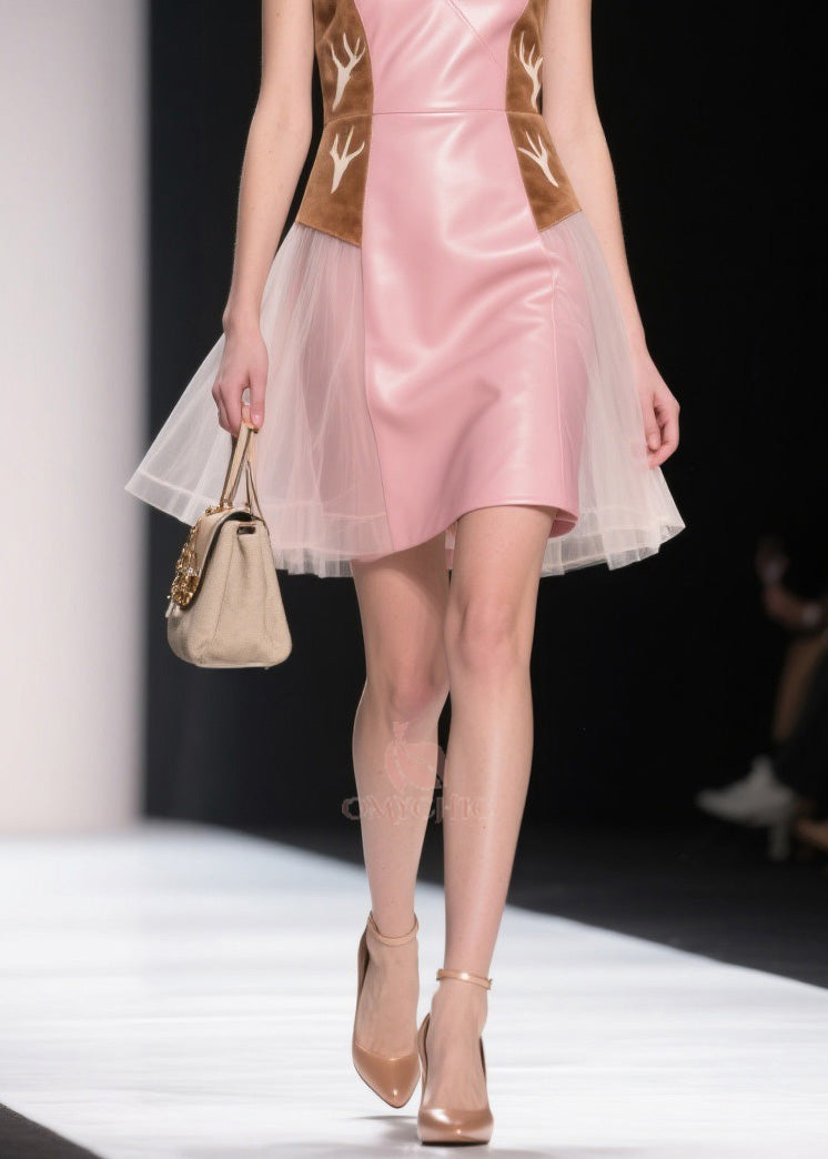 Women Pink V Neck Tulle Patchwork Faux Leather Dresses Summer