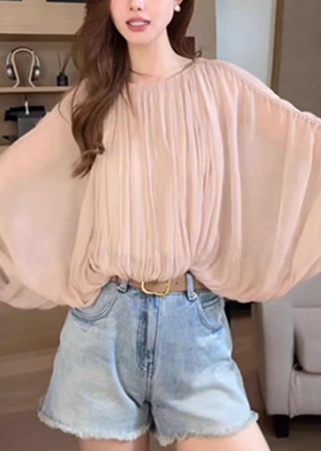 Women Pink Wrinkled Lace Up Shirts Batwing Sleeve