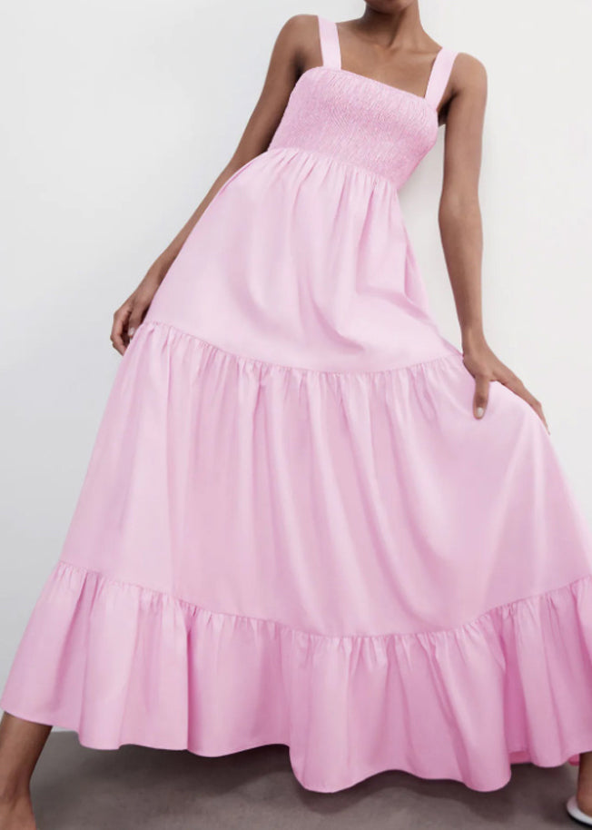 Women Pink Wrinkled Solid Cotton Spaghetti Strap Dress Sleeveless