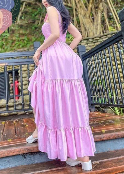 Women Pink Wrinkled Solid Cotton Spaghetti Strap Dress Sleeveless