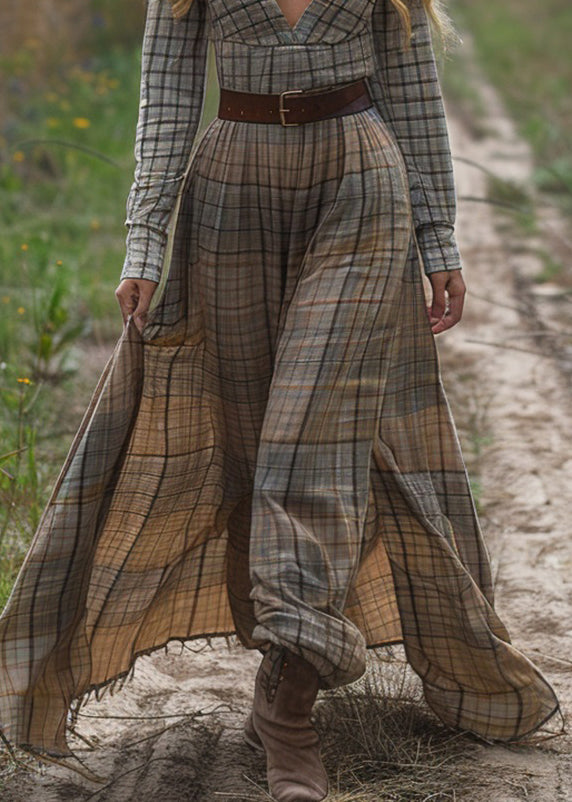 Women Plaid Long Sleeve Bohemian Pastoral Dresses
