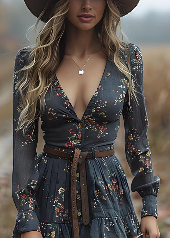 Women Print Long Sleeved Dress Bohemian Pastoral Style