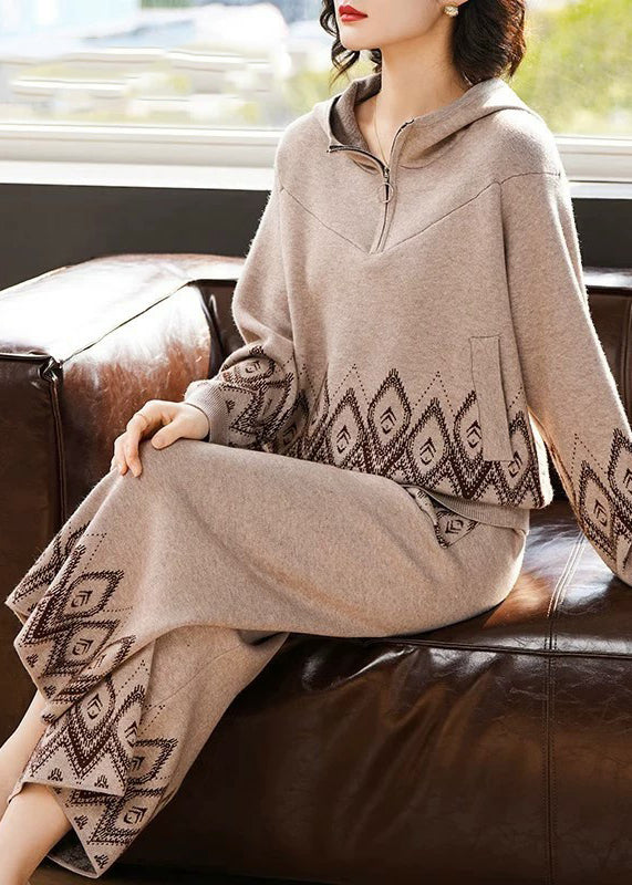 Women Print Patchwork Cotton Knit Hooded Coats And Wide Leg Pants Two Pieces Set Fall