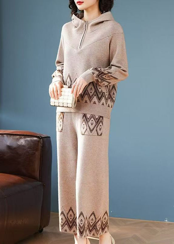Women Print Patchwork Cotton Knit Hooded Coats And Wide Leg Pants Two Pieces Set Fall