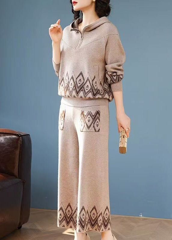 Women Print Patchwork Cotton Knit Hooded Coats And Wide Leg Pants Two Pieces Set Fall