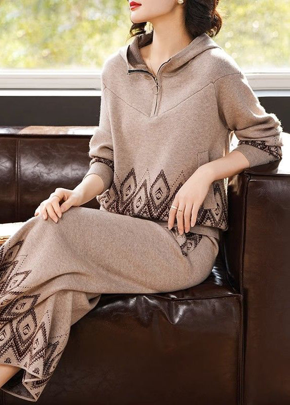 Women Print Patchwork Cotton Knit Hooded Coats And Wide Leg Pants Two Pieces Set Fall