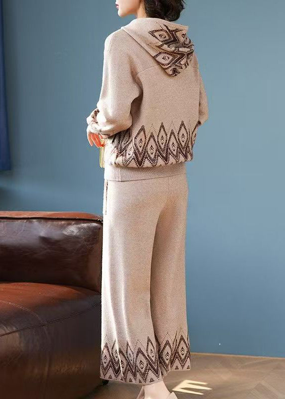 Women Print Patchwork Cotton Knit Hooded Coats And Wide Leg Pants Two Pieces Set Fall