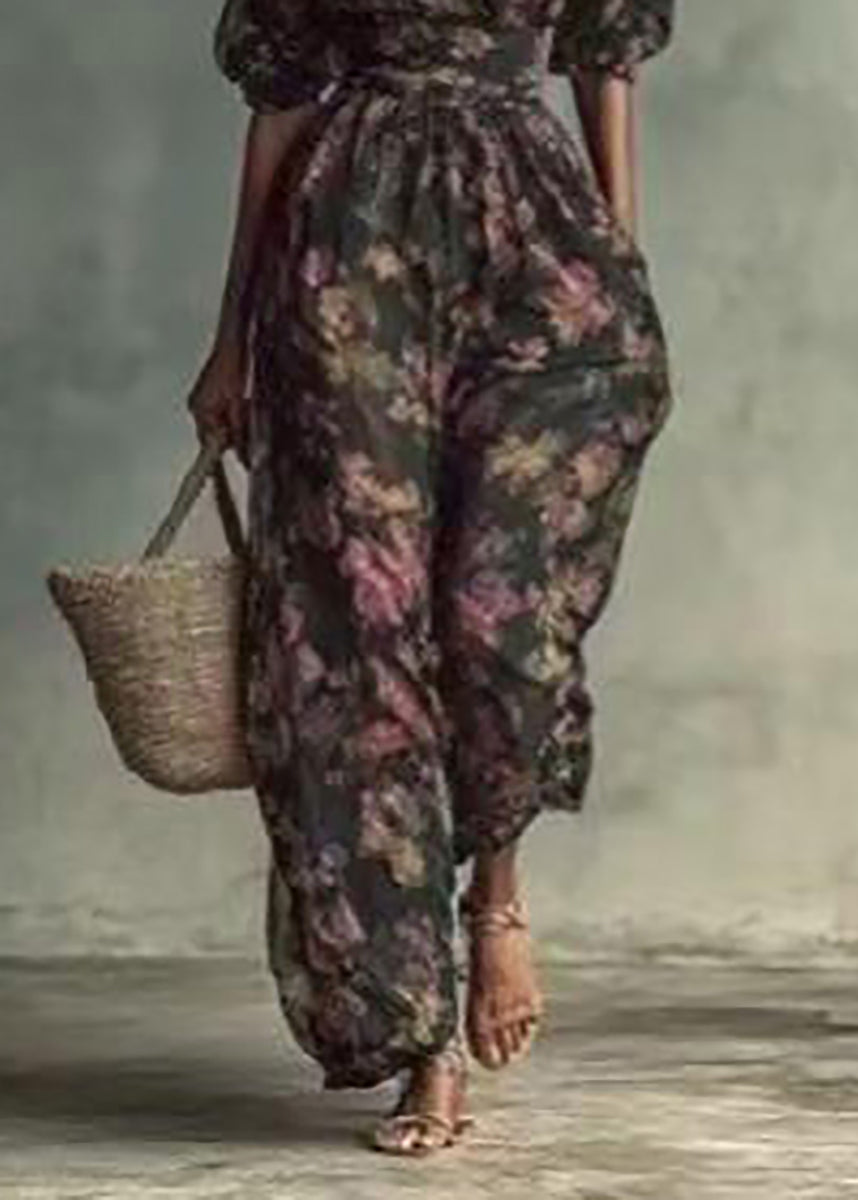 Women Print Slash Neck High Waist Jumpsuits Puff Sleeve