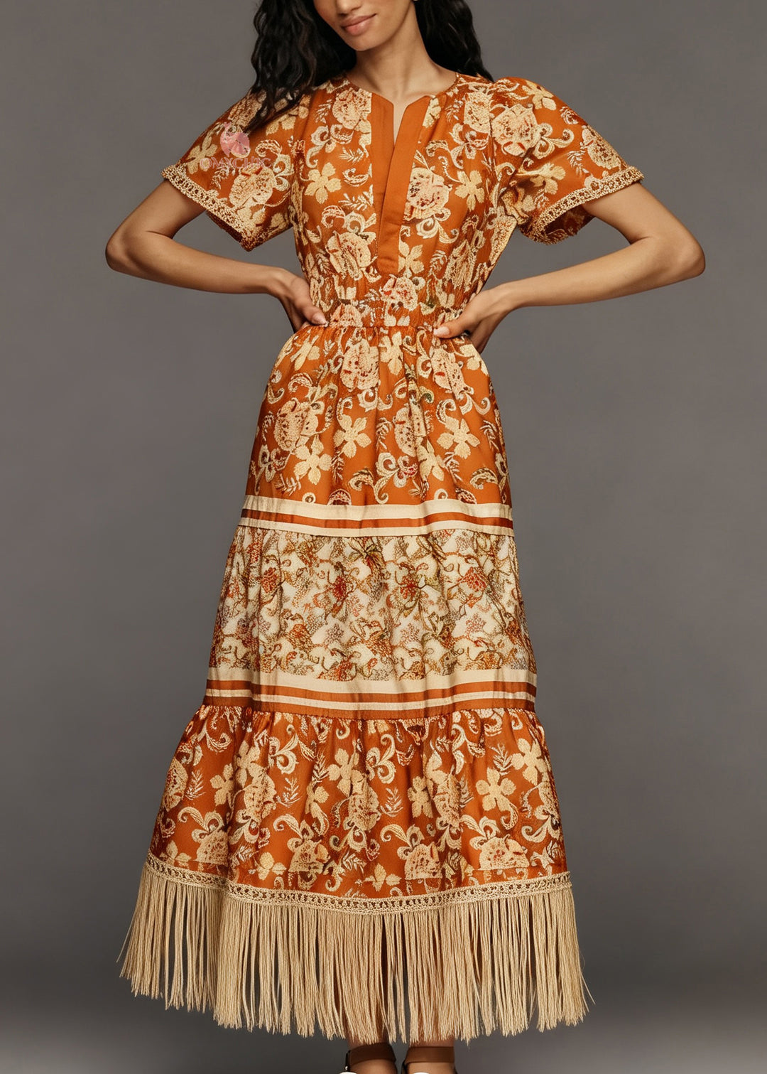 Women Print Tasseled Patchwork Cotton Long Dress Summer