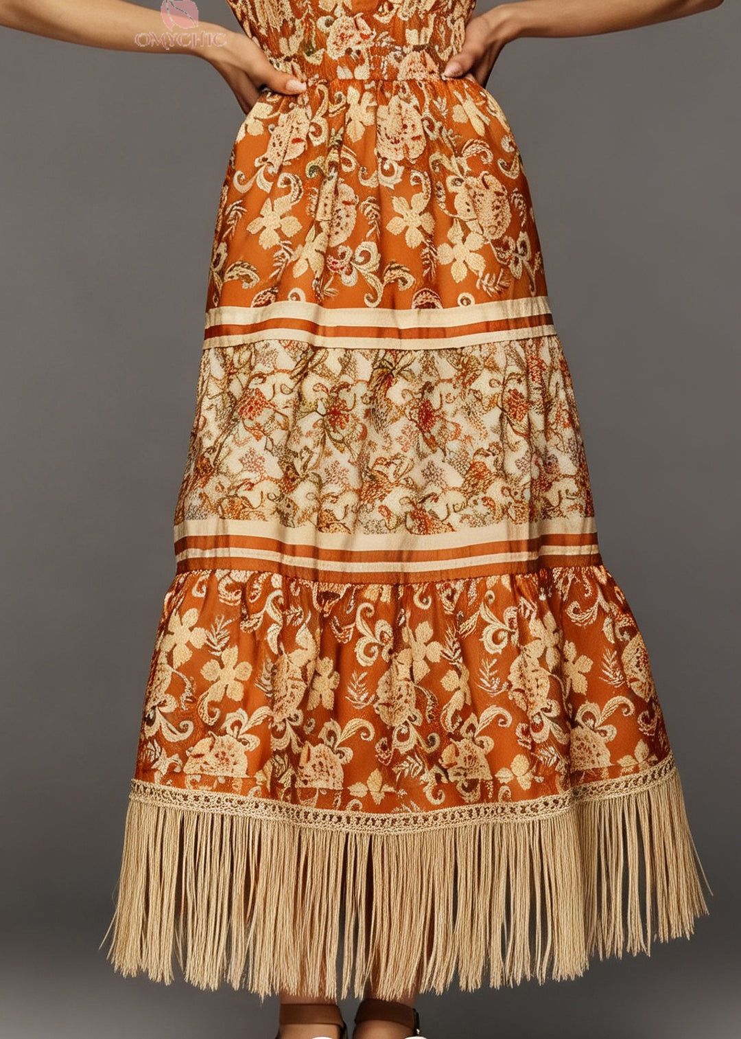 Women Print Tasseled Patchwork Cotton Long Dress Summer
