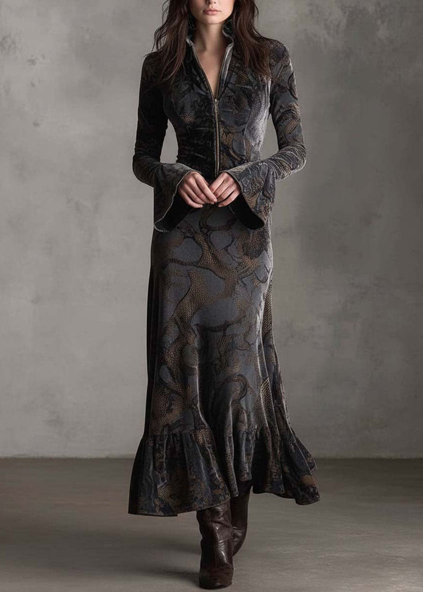 Women Print Zip Up Ruffled Patchwork Velvet Long Dresses Fall
