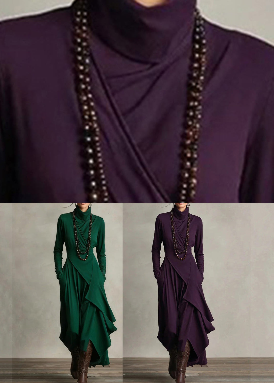 Women Purple Asymmetrical Pockets Long Dress Long Sleeve