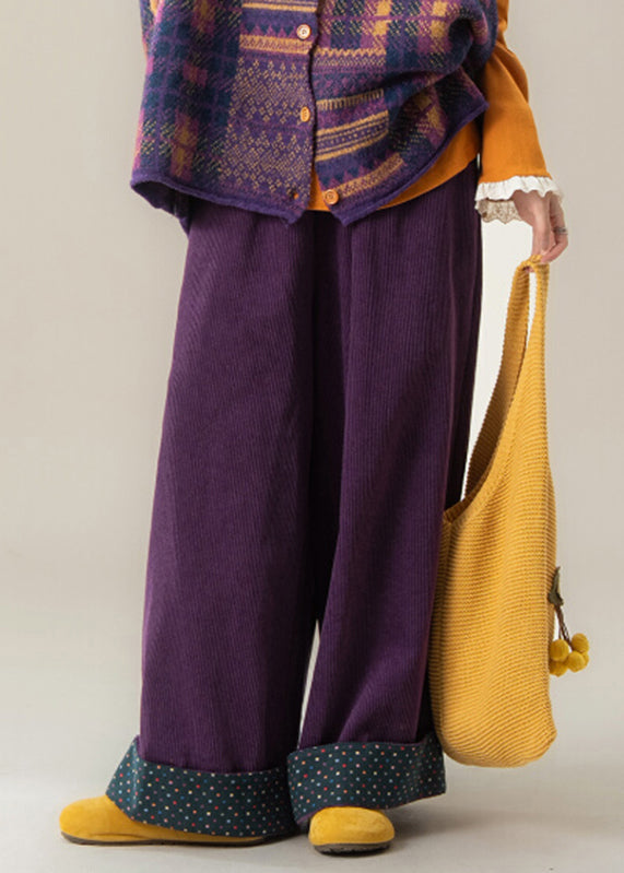 Women Purple Dot Elastic Waist Wide Leg Pants Fall
