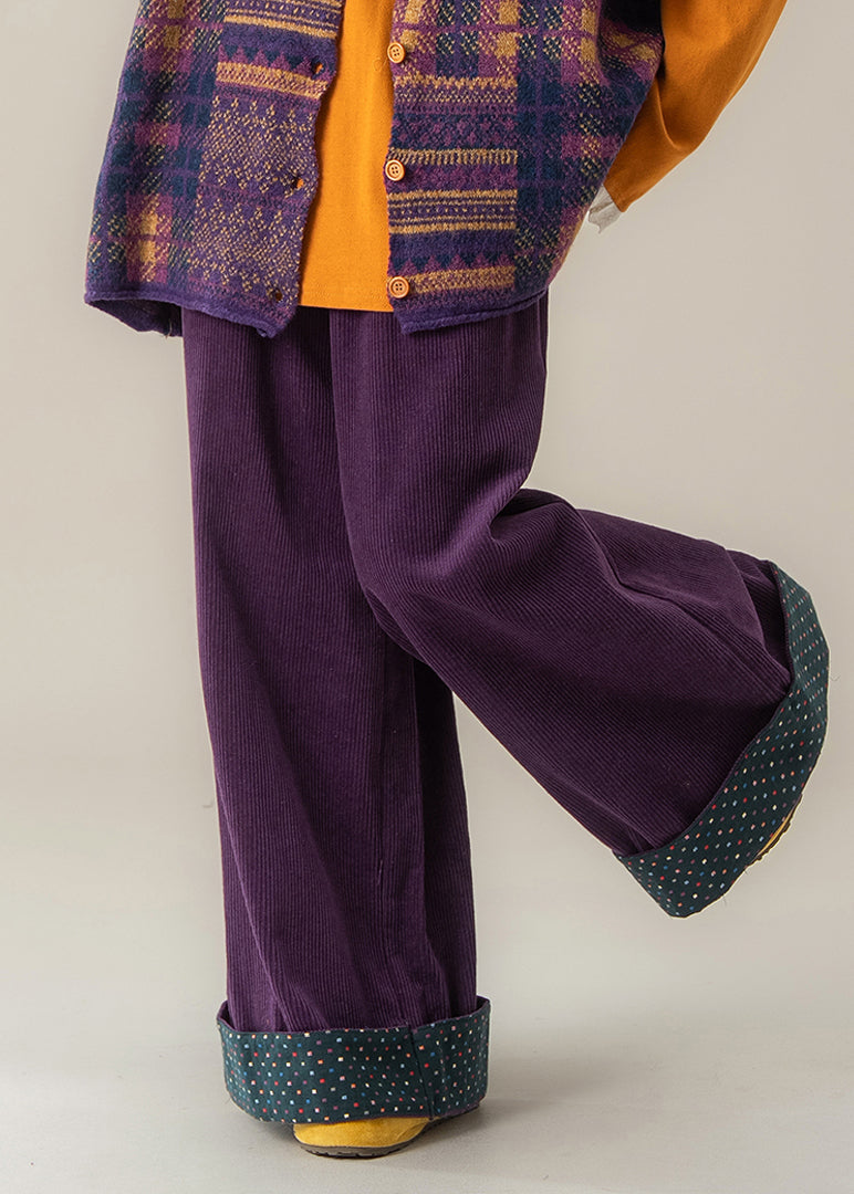 Women Purple Dot Elastic Waist Wide Leg Pants Fall