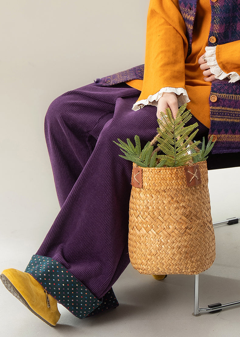 Women Purple Dot Elastic Waist Wide Leg Pants Fall